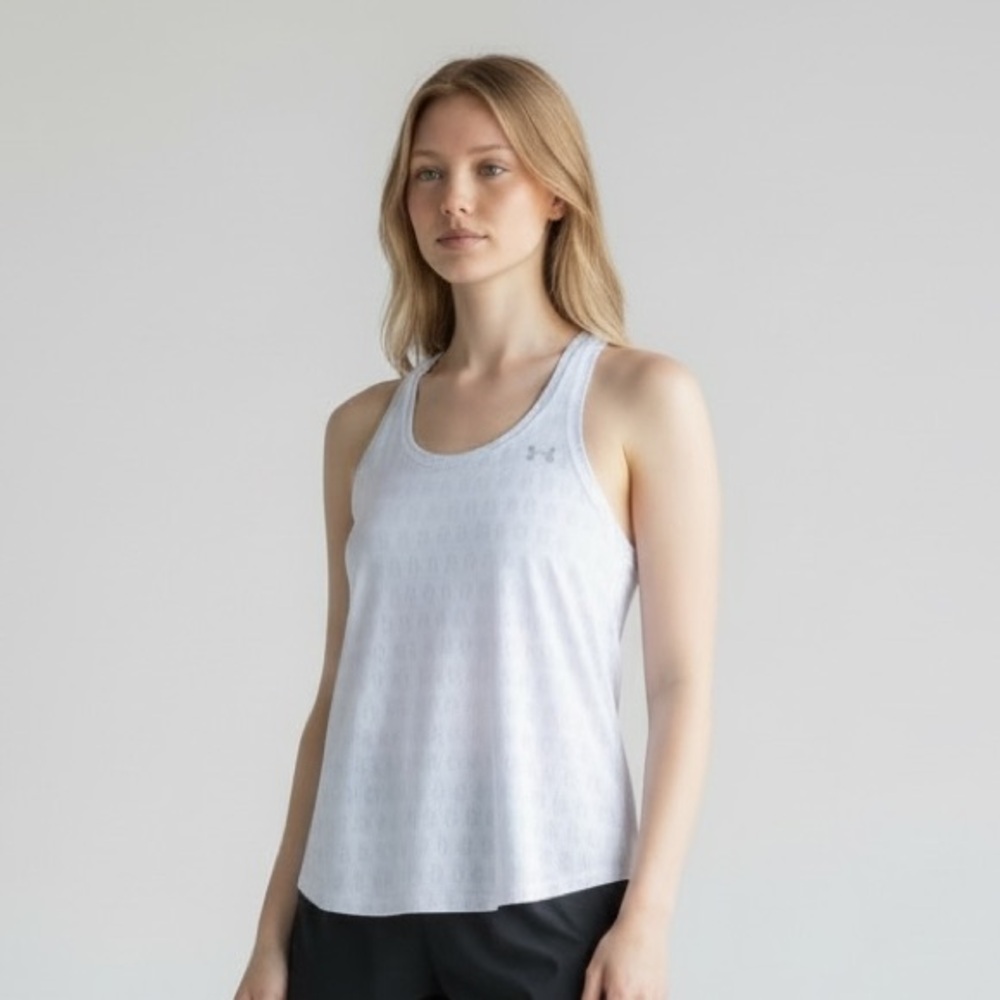 Women Under Armour Loose Fit Polyester Mesh Print Letters Tank Top Size M